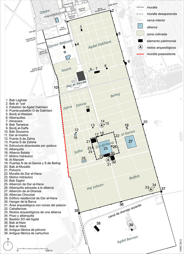 Plano general del Agdal de Marakech, con indicación de elementos catalogados en las campañas de prospección arqueológica de 2012 y 2014. Laboratorio de Arqueología y Arquitectura de la Ciudad.